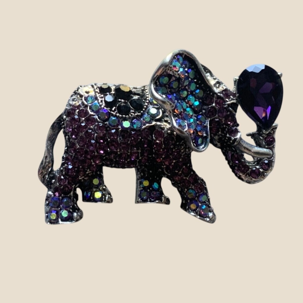 Purple Rhinestone Elephant Brooch Silver Tone Pave Crystal Animal Pin 2 Inch